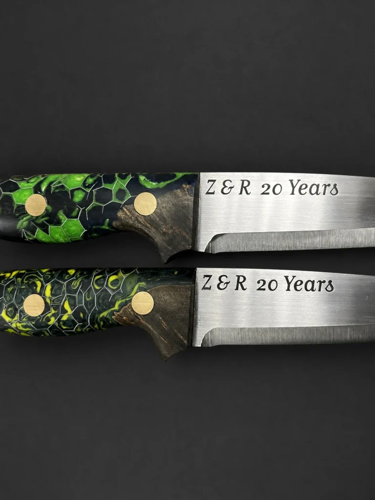Pair of knives personalized with annealed fiber laser engraving for an anniversary