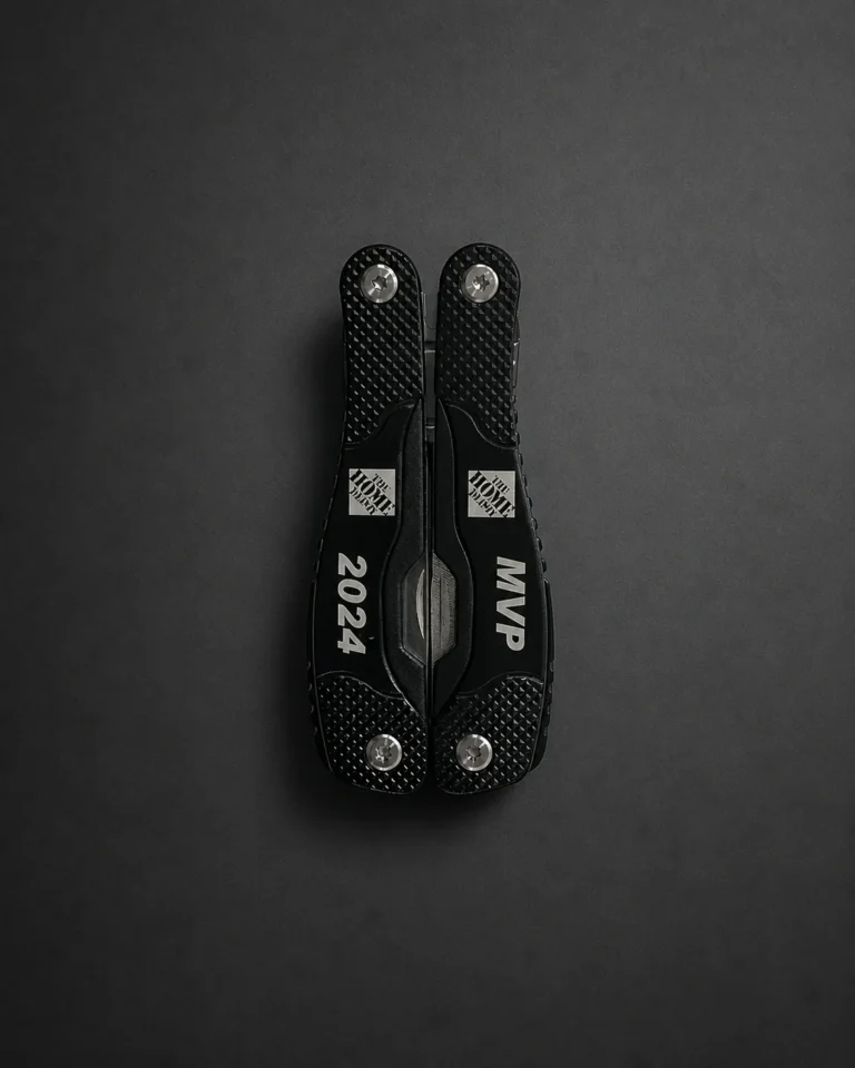 Anodized black multitool personalized with CO2 laser engraving