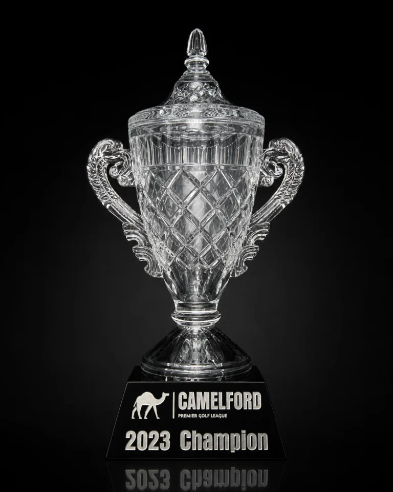 Crystal trophy cup with a sandblasted and silver paint-filled base