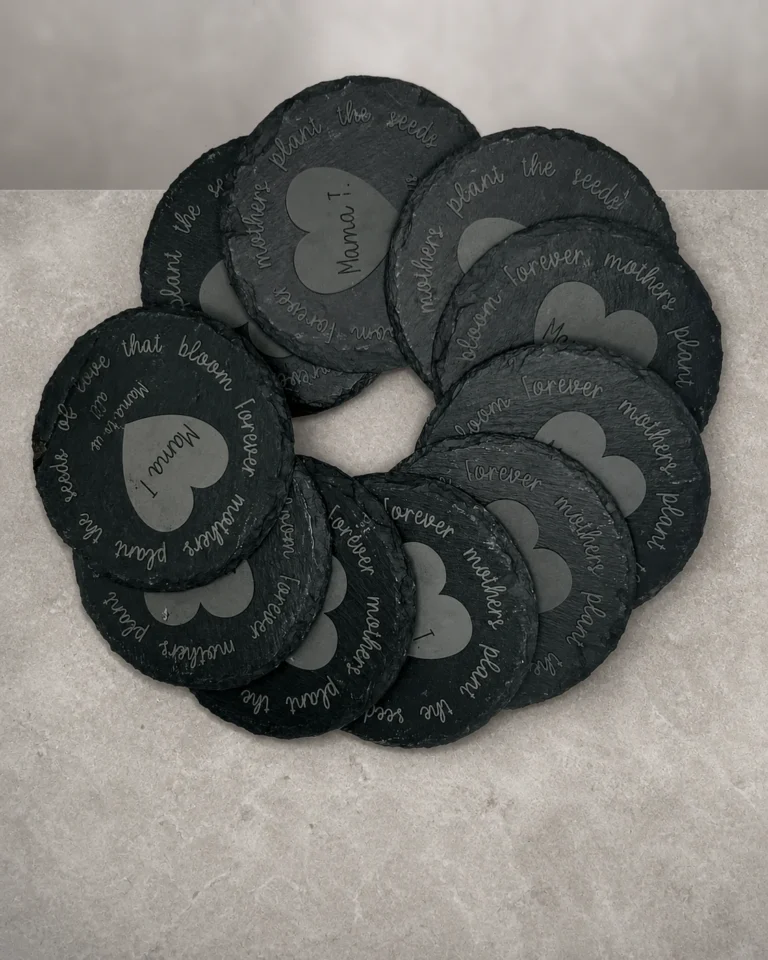 Slate coaster set personalized with fiber laser memorial engraving
