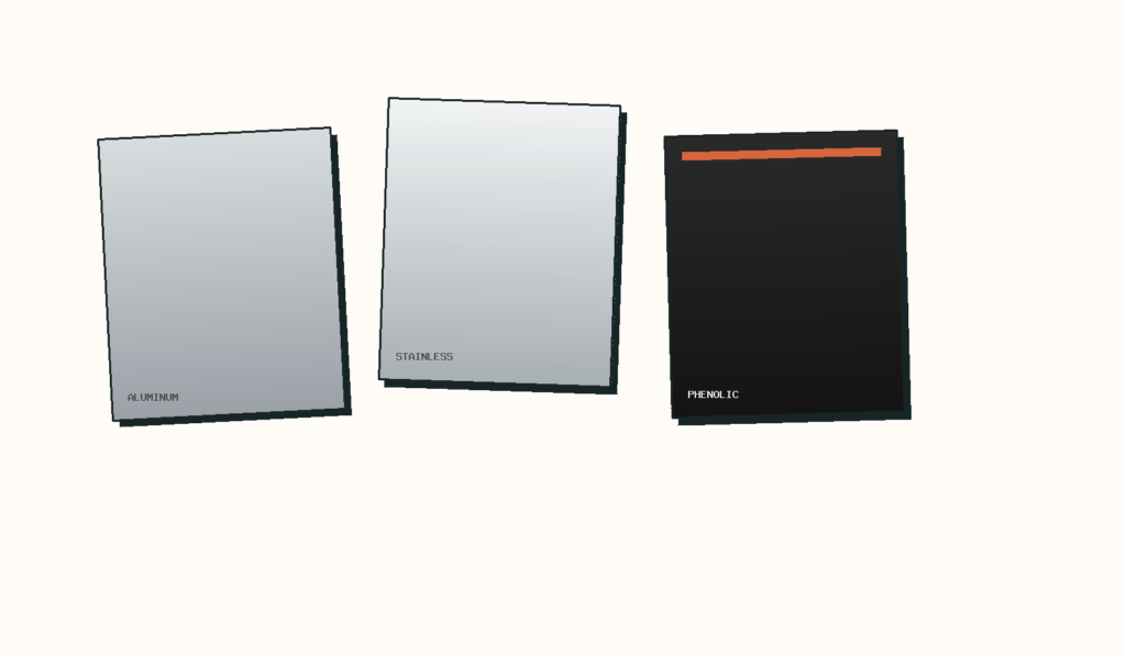 Abstract illustration of aluminum, stainless steel, and phenolic material swatches
