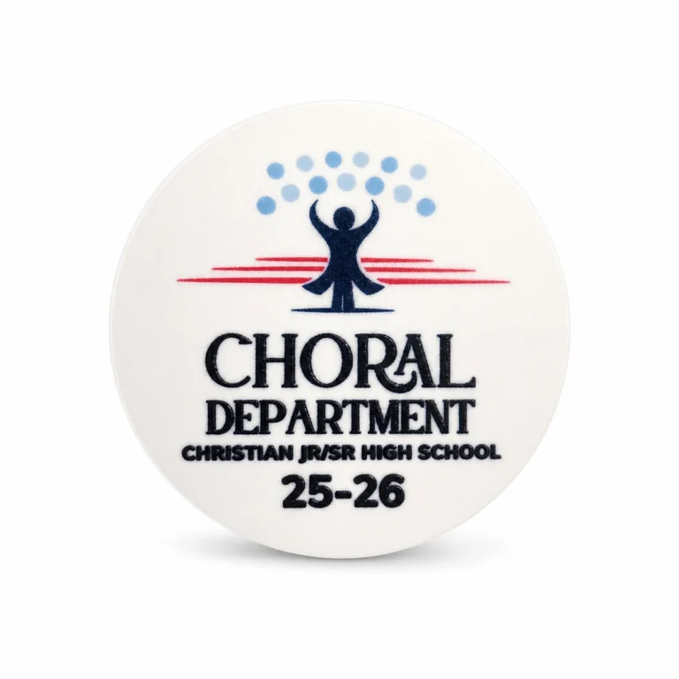 One-inch acrylic choral pin with full-color UV printing