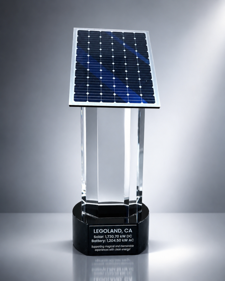 Custom solar project recognition award with miniature solar panel and engraved base plate
