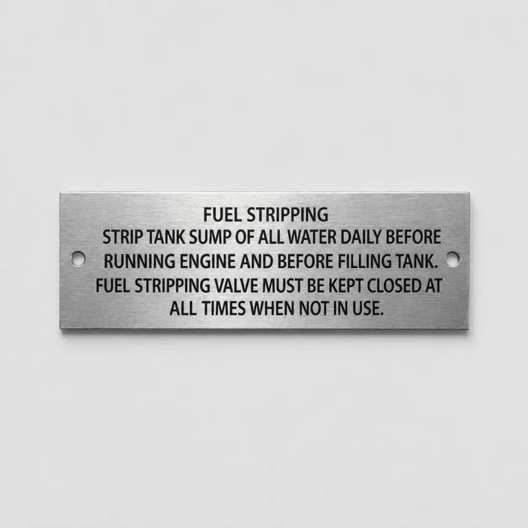 Brushed aluminum fuel stripping identification plate with deep black fiber-laser engraving