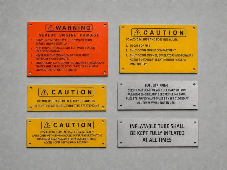 Set of powder-coated and brushed aluminum industrial safety plates with deep black fiber-laser engraving