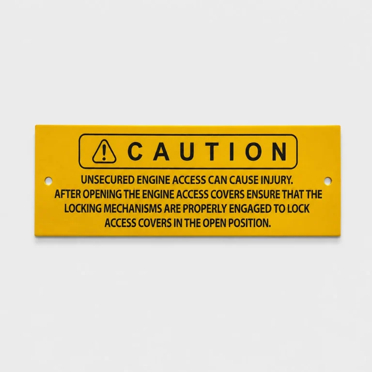 Yellow powder-coated aluminum engine access caution plate with deep black fiber-laser engraving
