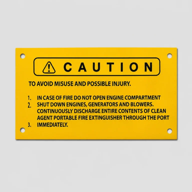 Deep fiber-engraved yellow powder-coated aluminum fire safety plate with durable paint fill