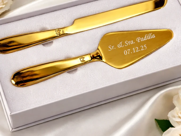 Gold wedding cake knife and server fiber-laser engraved with names and a date