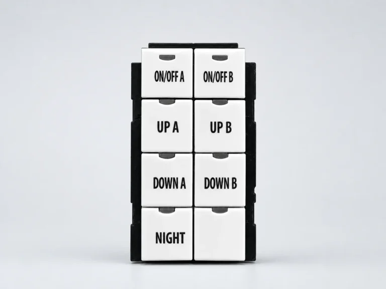 Industrial switch controls with UV-printed ON OFF, UP, DOWN and NIGHT labels