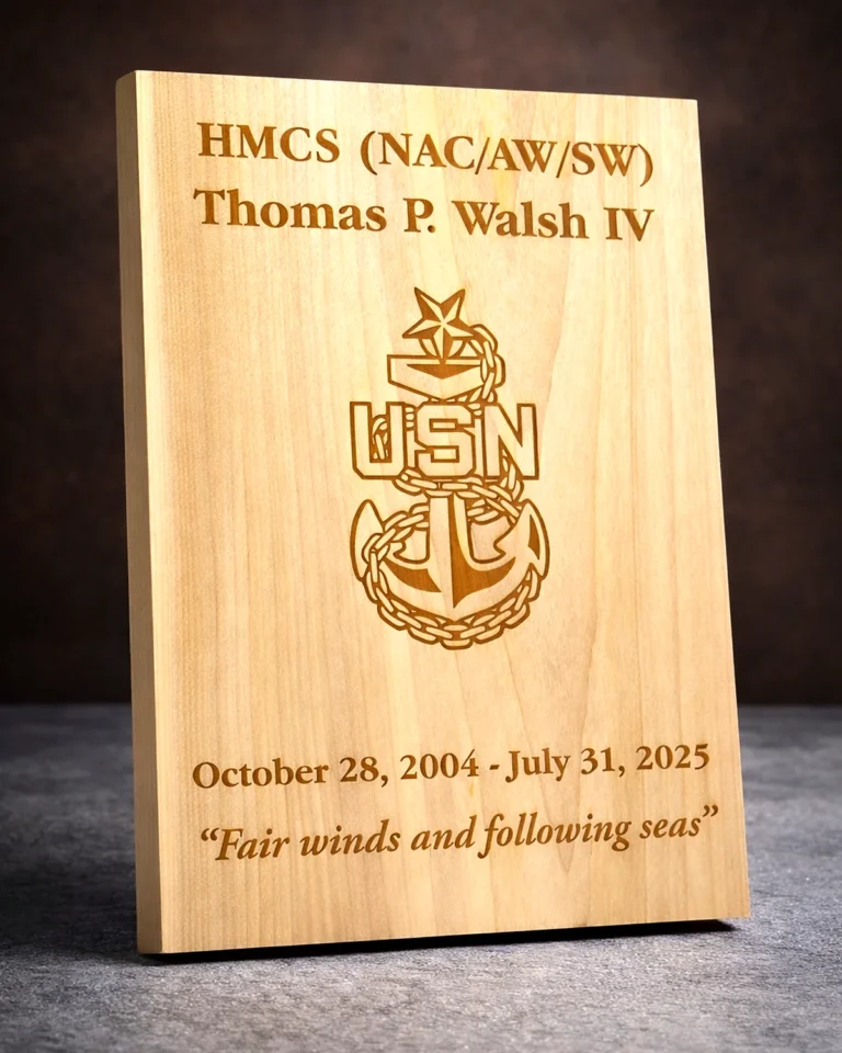Wood Navy retirement plaque personalized with laser engraving