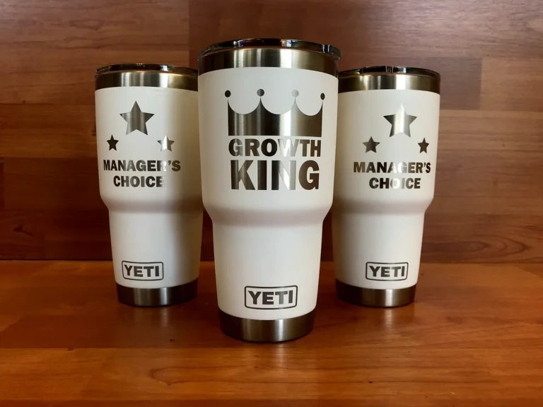 Set of YETI tumblers personalized with laser engraving for managers
