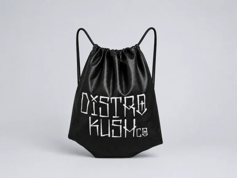 Black drawstring bag with a white screen-printed Distro Kush Co. logo