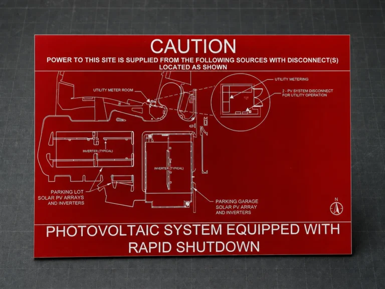 Red engraved photovoltaic rapid-shutdown map placard on a dark technical workbench background