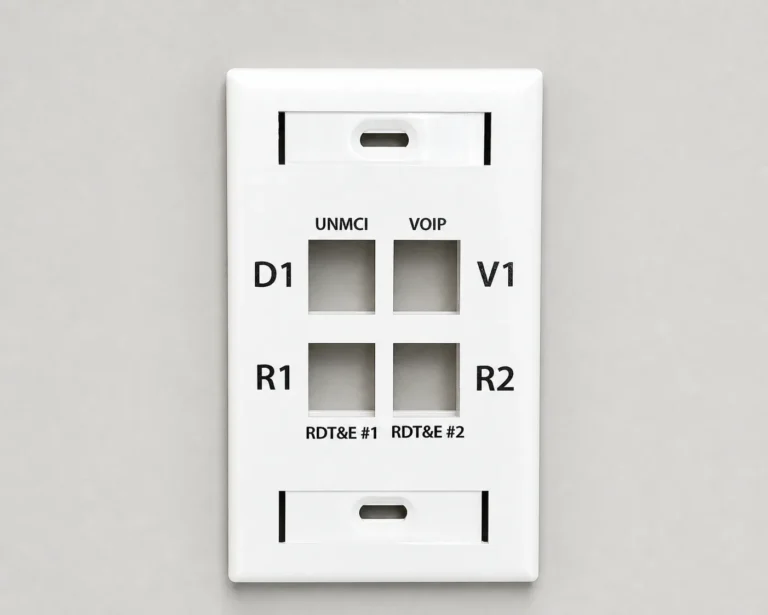 White UV-printed industrial telecom wall plate mounted on a clean gray control-panel surface